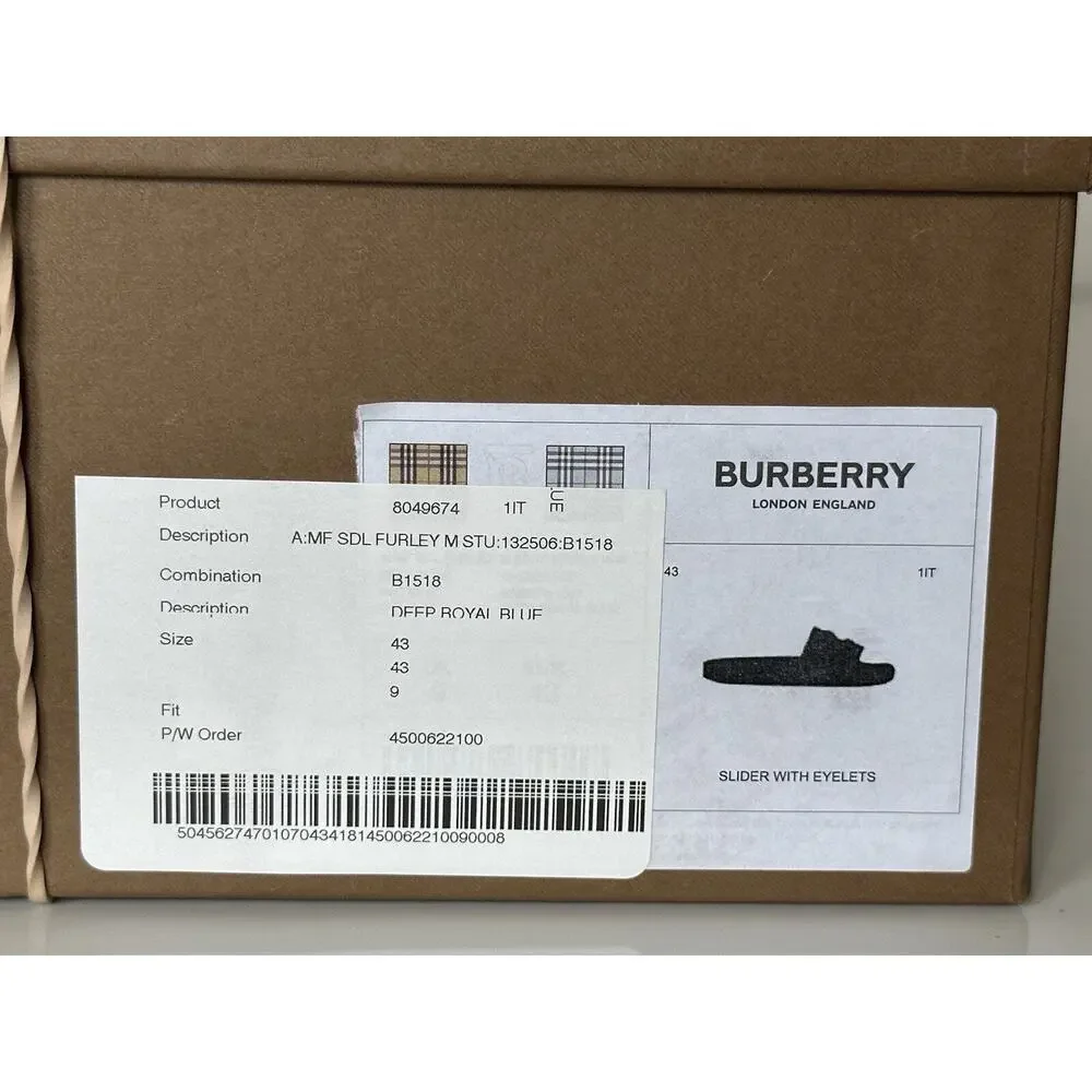 NIB $420 Burberry Eyelet Men’s Furley Royal Blue Slide Sandals 10 US 8049674 IT
